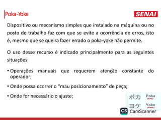 Poka-Yoke
Dispositivo ou mecanismo simples que instalado na máquina ou no
posto de trabalho faz com que se evite a ocorrência de erros, isto
é, mesmo que se queira fazer errado o poka-yoke não permite.
O uso desse recurso é indicado principalmente para as seguintes
situações:
• Operações manuais que requerem atenção constante do
operador;
• Onde possa ocorrer o “mau posicionamento” de peça;
• Onde for necessário o ajuste;
 