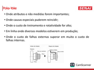 Poka-Yoke
• Onde atributos e não medidas forem importantes;
• Onde causas especiais puderem reincidir;
• Onde o custo de treinamento e rotatividade for alto;
• Em linha onde diversos modelos estiverem em produção;
• Onde o custo de falhas externas superar em muito o custo de
falhas internas.
 