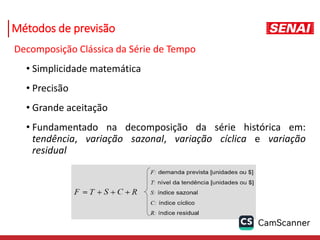 Métodos de previsão
Decomposição Clássica da Série de Tempo
• Simplicidade matemática
• Precisão
• Grande aceitação
• Fundamentado na decomposição da série histórica em:
tendência, variação sazonal, variação cíclica e variação
residual
 