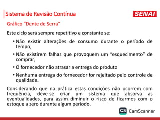 Sistema de Revisão Contínua
Gráfico “Dente de Serra”
Este ciclo será sempre repetitivo e constante se:
• Não existir alterações de consumo durante o período de
tempo;
• Não existirem falhas que provoquem um “esquecimento” de
comprar;
• O fornecedor não atrasar a entrega do produto
• Nenhuma entrega do fornecedor for rejeitado pelo controle de
qualidade.
Considerando que na prática estas condições não ocorrem com
frequência, deve-se criar um sistema que absorva as
eventualidades, para assim diminuir o risco de ficarmos com o
estoque a zero durante algum período.
 
