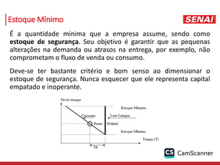 Estoque Mínimo
É a quantidade mínima que a empresa assume, sendo como
estoque de segurança. Seu objetivo é garantir que as pequenas
alterações na demanda ou atrasos na entrega, por exemplo, não
comprometam o fluxo de venda ou consumo.
Deve-se ter bastante critério e bom senso ao dimensionar o
estoque de segurança. Nunca esquecer que ele representa capital
empatado e inoperante.
 