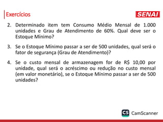 Exercícios
2. Determinado item tem Consumo Médio Mensal de 1.000
unidades e Grau de Atendimento de 60%. Qual deve ser o
Estoque Mínimo?
3. Se o Estoque Mínimo passar a ser de 500 unidades, qual será o
fator de segurança (Grau de Atendimento)?
4. Se o custo mensal de armazenagem for de R$ 10,00 por
unidade, qual será o acréscimo ou redução no custo mensal
(em valor monetário), se o Estoque Mínimo passar a ser de 500
unidades?
 