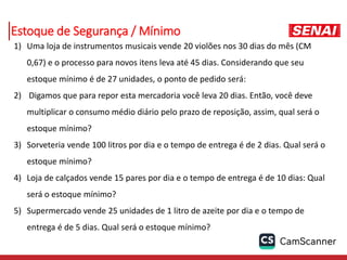 1) Uma loja de instrumentos musicais vende 20 violões nos 30 dias do mês (CM
0,67) e o processo para novos itens leva até 45 dias. Considerando que seu
estoque mínimo é de 27 unidades, o ponto de pedido será:
2) Digamos que para repor esta mercadoria você leva 20 dias. Então, você deve
multiplicar o consumo médio diário pelo prazo de reposição, assim, qual será o
estoque mínimo?
3) Sorveteria vende 100 litros por dia e o tempo de entrega é de 2 dias. Qual será o
estoque mínimo?
4) Loja de calçados vende 15 pares por dia e o tempo de entrega é de 10 dias: Qual
será o estoque mínimo?
5) Supermercado vende 25 unidades de 1 litro de azeite por dia e o tempo de
entrega é de 5 dias. Qual será o estoque mínimo?
Estoque de Segurança / Mínimo
 
