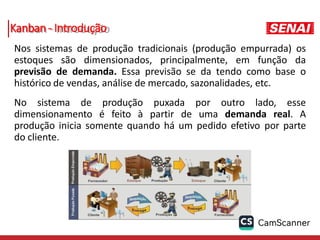 Kanban- Introdução
Nos sistemas de produção tradicionais (produção empurrada) os
estoques são dimensionados, principalmente, em função da
previsão de demanda. Essa previsão se da tendo como base o
histórico de vendas, análise de mercado, sazonalidades, etc.
No sistema de produção puxada por outro lado, esse
dimensionamento é feito à partir de uma demanda real. A
produção inicia somente quando há um pedido efetivo por parte
do cliente.
 