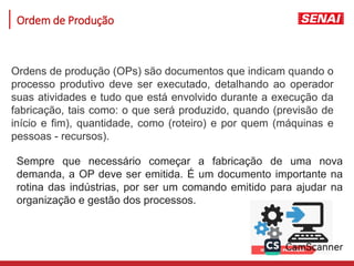 Ordem de Produção
Ordens de produção (OPs) são documentos que indicam quando o
processo produtivo deve ser executado, detalhando ao operador
suas atividades e tudo que está envolvido durante a execução da
fabricação, tais como: o que será produzido, quando (previsão de
início e fim), quantidade, como (roteiro) e por quem (máquinas e
pessoas - recursos).
Sempre que necessário começar a fabricação de uma nova
demanda, a OP deve ser emitida. É um documento importante na
rotina das indústrias, por ser um comando emitido para ajudar na
organização e gestão dos processos.
 