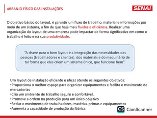ARRANJO FÍSICO DAS INSTALAÇÕES
O objetivo básico do layout, é garantir um fluxo de trabalho, material e informações por
meio de um sistema, a fim de que haja mais fluidez e eficiência. Realizar uma
organização do layout de uma empresa pode impactar de forma significativa em como o
trabalho é feito e na sua produtividade.
Um layout de instalação eficiente e eficaz atende os seguintes objetivos:
•Proporciona o melhor espaço para organizar equipamentos e facilita o movimento de
mercadorias
•Cria um ambiente de trabalho seguro e confortável.
•Promove a ordem na produção para um único objetivo
•Reduz o movimento de trabalhadores, matérias-primas e equipamentos
•Aumenta a capacidade de produção da fábrica
“A chave para o bom layout é a integração das necessidades das
pessoas (trabalhadores e clientes), dos materiais e do maquinário de
tal forma que eles criem um sistema único, que funcione bem”.
 