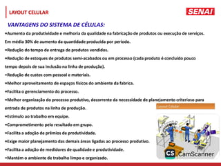 •Aumento da produtividade e melhoria da qualidade na fabricação de produtos ou execução de serviços.
Em média 30% de aumento da quantidade produzida por período.
•Redução do tempo de entrega de produtos vendidos.
•Redução de estoques de produtos semi-acabados ou em processo (cada produto é concluído pouco
tempo depois de sua inclusão na linha de produção).
•Redução de custos com pessoal e materiais.
•Melhor aproveitamento de espaços físicos do ambiente da fabrica.
•Facilita o gerenciamento do processo.
•Melhor organização do processo produtivo, decorrente da necessidade de planejamento criterioso para
entrada de produtos na linha de produção.
•Estimulo ao trabalho em equipe.
•Comprometimento pelo resultado em grupo.
•Facilita a adoção de prêmios de produtividade.
•Exige maior planejamento das demais áreas ligadas ao processo produtivo.
•Facilita a adoção de medidores de qualidade e produtividade.
•Mantém o ambiente de trabalho limpo e organizado.
VANTAGENS DO SISTEMA DE CÉLULAS:
LAYOUT CELULAR
 