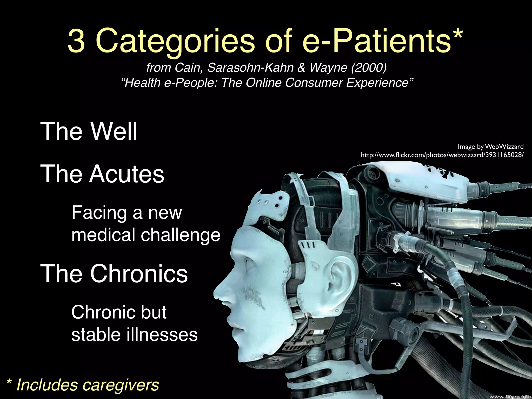3 Categories of e-Patients*
                   from Cain, Sarasohn-Kahn & Wayne (2000)
               “Health e-People: The Online Consumer Experience”



    The Well                                                                         Image by WebWizzard
                                                       http://www.ﬂickr.com/photos/webwizzard/3931165028/


    The Acutes
         Facing a new
         medical challenge

    The Chronics
         Chronic but
         stable illnesses

* Includes caregivers
 