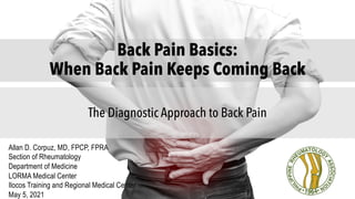 Back Pain Basics:
When Back Pain Keeps Coming Back
The Diagnostic Approach to Back Pain
Allan D. Corpuz, MD, FPCP, FPRA
Section of Rheumatology
Department of Medicine
LORMA Medical Center
Ilocos Training and Regional Medical Center
May 5, 2021
 