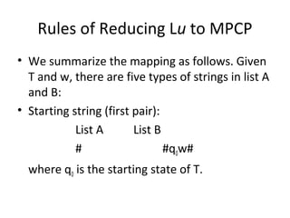 Rules of Reducing Lu to MPCP
• We summarize the mapping as follows. Given
T and w, there are five types of strings in list A
and B:
• Starting string (first pair):
List A List B
# #q0w#
where q0 is the starting state of T.
 
