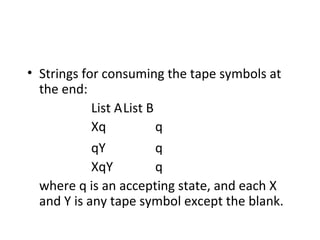 • Strings for consuming the tape symbols at
the end:
List AList B
Xq q
qY q
XqY q
where q is an accepting state, and each X
and Y is any tape symbol except the blank.
 