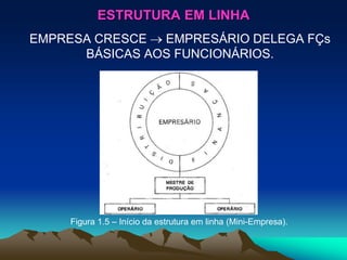 ESTRUTURA EM LINHA
EMPRESA CRESCE  EMPRESÁRIO DELEGA FÇs
BÁSICAS AOS FUNCIONÁRIOS.
Figura 1.5 – Início da estrutura em linha (Mini-Empresa).
 