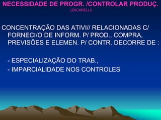 CONCENTRAÇÃO DAS ATIVI// RELACIONADAS C/
FORNECI/O DE INFORM. P/ PROD., COMPRA,
PREVISÕES E ELEMEN. P/ CONTR. DECORRE DE :
- ESPECIALIZAÇÃO DO TRAB.,
- IMPARCIALIDADE NOS CONTROLES
NECESSIDADE DE PROGR. /CONTROLAR PRODUÇ.
(ZACARELLI)
 