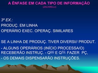 3º EX.:
PRODUÇ. EM LINHA
OPERÁRIO EXEC. OPERAÇ. SIMILARES
SE A LINHA DE PRODUÇ. TIVER DIVERSI// PRODUT.
- ALGUNS OPERÁRIOS (INÍCIO PROCESSA/O)
RECEBERÃO INSTRUÇ. - QDO E QTO FAZER PÇ,
- OS DEMAIS DISPENSARÃO INSTRUÇÕES.
A ÊNFASE EM CADA TIPO DE INFORMAÇÃO
(ZACARELLI)
 