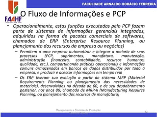 O Fluxo de Informações e PCP
• Operacionalmente, estas funções executadas pelo PCP fazem
parte de sistemas de informações gerenciais integrados,
adquiridos na forma de pacotes comerciais de softwares,
chamados de ERP (Enterprise Resource Planning, ou
planejamento dos recursos da empresa ou negócios)
– Permitem a uma empresa automatizar e integrar a maioria de seus
processos (PCP, suprimentos, manufatura, manutenção,
administração financeira, contabilidade, recursos humanos,
qualidade, etc.), compartilhando práticas operacionais e informações
comuns armazenadas em bancos de dados distribuídos por toda a
empresa, e produzir e acessar informações em tempo real
– Os ERP tiveram sua evolução a partir do sistema MRP (Material
Requirements Planning ou planejamento das necessidades de
materiais), desenvolvidos na década de 60, e de seu desdobramento
posterior, nos anos 80, chamado de MRP-II (Manufacturing Resource
Planning, ou planejamento dos recursos de manufatura)
Planejamento e Controle da Produção:
Teoria e Prática
12
 