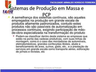 Sistemas de Produção em Massa e
PCP
Planejamento e Controle da Produção:
Teoria e Prática
19
 A semelhança dos sistemas contínuos, são aqueles
empregados na produção em grande escala de
produtos altamente padronizados, contudo estes
produtos não são passíveis de automatização em
processos contínuos, exigindo participação de mão-
de-obra especializada na transformação do produto
 Podem-se classificar dentro deste sistema as empresas que
estão na ponta das cadeias produtivas, com suas linhas de
montagem, como é o caso das montadoras de automóveis,
eletrodomésticos, grandes confecções têxteis, abate e
beneficiamento de aves, suínos, gado, etc., e a prestação de
serviços em grande escala como transporte aéreo, editoração
de jornais e revistas, etc
 