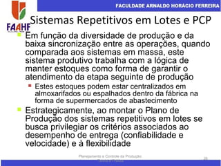 Sistemas Repetitivos em Lotes e PCP
Planejamento e Controle da Produção:
Teoria e Prática
26
 Em função da diversidade de produção e da
baixa sincronização entre as operações, quando
comparada aos sistemas em massa, este
sistema produtivo trabalha com a lógica de
manter estoques como forma de garantir o
atendimento da etapa seguinte de produção
 Estes estoques podem estar centralizados em
almoxarifados ou espalhados dentro da fábrica na
forma de supermercados de abastecimento
 Estrategicamente, ao montar o Plano de
Produção dos sistemas repetitivos em lotes se
busca privilegiar os critérios associados ao
desempenho de entrega (confiabilidade e
velocidade) e à flexibilidade
 
