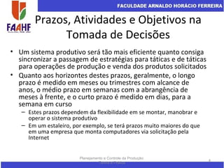 Prazos, Atividades e Objetivos na
Tomada de Decisões
• Um sistema produtivo será tão mais eficiente quanto consiga
sincronizar a passagem de estratégias para táticas e de táticas
para operações de produção e venda dos produtos solicitados
• Quanto aos horizontes destes prazos, geralmente, o longo
prazo é medido em meses ou trimestres com alcance de
anos, o médio prazo em semanas com a abrangência de
meses à frente, e o curto prazo é medido em dias, para a
semana em curso
– Estes prazos dependem da flexibilidade em se montar, manobrar e
operar o sistema produtivo
– Em um estaleiro, por exemplo, se terá prazos muito maiores do que
em uma empresa que monta computadores via solicitação pela
Internet
Planejamento e Controle da Produção:
Teoria e Prática
4
 