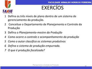 EXERCÍOS
1 Defina os três níveis de plano dentro de um sistema de
gerenciamento da produção.
2 Conceitue o Departamento de Planejamento e Controle da
Produção
3 Defina o Planejamento-mestre da Produção
4 Como ocorre o controle e acompanhamento da produção
5 Como o autor classifica os sistemas produtivos
6 Defina o sistema de produção empurrada.
7 O que é produção focalizada?
Planejamento e Controle da Produção:
Teoria e Prática
40
 