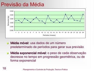 Planejamento e Controle da Produção: Teoria e Prática
18
Previsão da Média
2.000
2.500
3.000
3.500
4.000
4.500
1 2 3 4 5 6 7 8 9 10 11 12 13 14 15 16 17 18 19 20 21 22 23 24
Períodos (meses)
Demanda
(kg)
 Média móvel: usa dados de um número
predeterminado de períodos para gerar sua previsão
 Média exponencial móvel: o peso de cada observação
decresce no tempo em progressão geométrica, ou de
forma exponencial
 