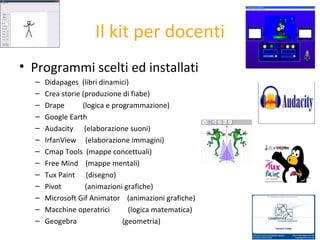 Il kit per docenti Programmi scelti ed installati Didapages  (libri dinamici) Crea storie (produzione di fiabe) Drape  (logica e programmazione) Google Earth  Audacity  (elaborazione suoni) IrfanView  (elaborazione immagini) Cmap Tools  (mappe concettuali) Free Mind  (mappe mentali) Tux Paint  (disegno) Pivot  (animazioni grafiche) Microsoft Gif Animator  (animazioni grafiche) Macchine operatrici  (logica matematica) Geogebra   (geometria) 