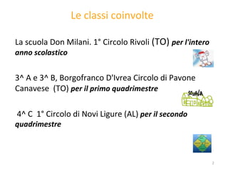 Le classi coinvolte La scuola Don Milani. 1° Circolo Rivoli  (TO)  per l'intero anno scolastico 3^ A e 3^ B, Borgofranco D'Ivrea  Circolo di Pavone Canavese  (TO)  per il primo quadrimestre  4^ C  1° Circolo di Novi Ligure (AL)  per il secondo quadrimestre  