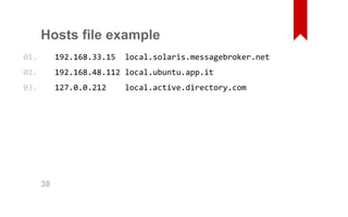 Hosts file example 
192.168.33.15 local.solaris.messagebroker.net 
192.168.48.112 local.ubuntu.app.it 
127.0.0.212 local.active.directory.com 
01. 
02. 
03. 
38 
 