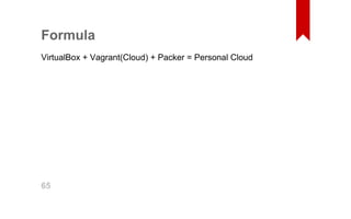 Formula 
VirtualBox + Vagrant(Cloud) + Packer = Personal Cloud 
65 
 