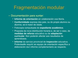 Fragmentación modular Documentación para xuntar: Informe de orientación  en colaboración coa titoría. Conformidade  expresa dos pais, ou do propio alumno ou alumna, se é maior de idade. Fotocopia compulsada do  expediente académico .  Proposta da nova distribución horaria e, de ser o caso, de  medidas de reforzo  educativo ou de  adaptación curricular . Non poderán afectar aos resultados de aprendizaxe. Informe  do servizo provincial de  inspección  educativa. Poderáselle requirir ao equipo de orientación específico a elaboración dun informe complementario ao respecto. 