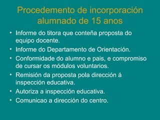 Procedemento de incorporación alumnado de 15 anos Informe do titora que conteña proposta do equipo docente. Informe do Departamento de Orientación. Conformidade do alumno e pais, e compromiso de cursar os módulos voluntarios. Remisión da proposta pola dirección á inspección educativa. Autoriza a inspección educativa. Comunicao a dirección do centro. 