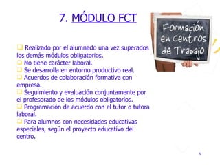 7.  MÓDULO FCT Realizado por el alumnado una vez superados los demás módulos obligatorios. No tiene carácter laboral. Se desarrolla en entorno productivo real. Acuerdos de colaboración formativa con empresa. Seguimiento y evaluación conjuntamente por el profesorado de los módulos obligatorios. Programación de acuerdo con el tutor o tutora laboral. Para alumnos con necesidades educativas especiales, según el proyecto educativo del centro. 