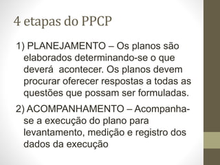 4 etapas do PPCP
1) PLANEJAMENTO – Os planos são
elaborados determinando-se o que
deverá acontecer. Os planos devem
procurar oferecer respostas a todas as
questões que possam ser formuladas.
2) ACOMPANHAMENTO – Acompanha-
se a execução do plano para
levantamento, medição e registro dos
dados da execução
 