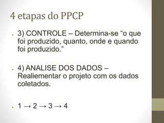 4 etapas do PPCP
● 3) CONTROLE – Determina-se “o que
foi produzido, quanto, onde e quando
foi produzido.”
● 4) ANALISE DOS DADOS –
Realiementar o projeto com os dados
coletados.
● 1 → 2 → 3 → 4
 
