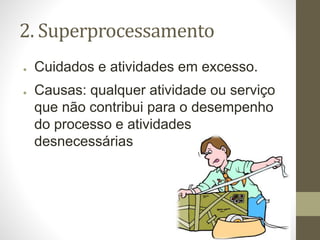 2. Superprocessamento
● Cuidados e atividades em excesso.
● Causas: qualquer atividade ou serviço
que não contribui para o desempenho
do processo e atividades
desnecessárias
 