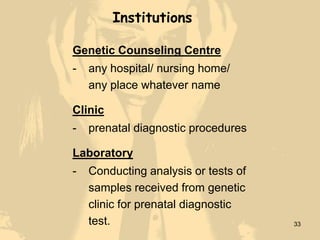 Institutions

Genetic Counseling Centre
-   any hospital/ nursing home/
    any place whatever name

Clinic
-   prenatal d...
