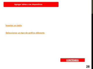 Insertar un tabla
Seleccionar un tipo de gráfico diferente
Agregar tablas a las dispositivas
28
 