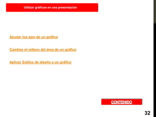Ajustar los ejes de un gráfico
Cambiar el relleno del área de un gráfico
Aplicar Estilos de diseño a un gráfico
Utilizar gráficos en una presentación
32
 