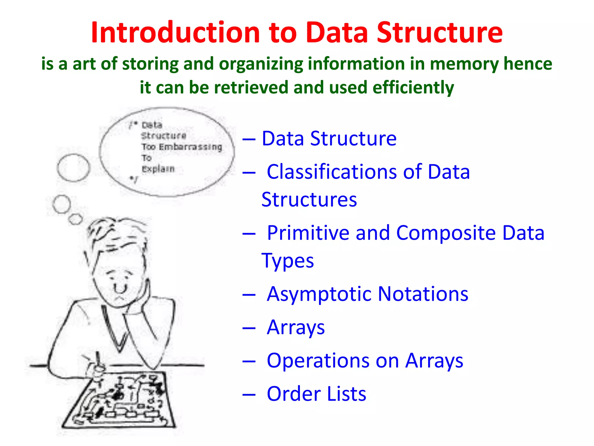 Introduction to Data Structure
is a art of storing and organizing information in memory hence
it can be retrieved and used efficiently
– Data Structure
– Classifications of Data
Structures
– Primitive and Composite Data
Types
– Asymptotic Notations
– Arrays
– Operations on Arrays
– Order Lists
 