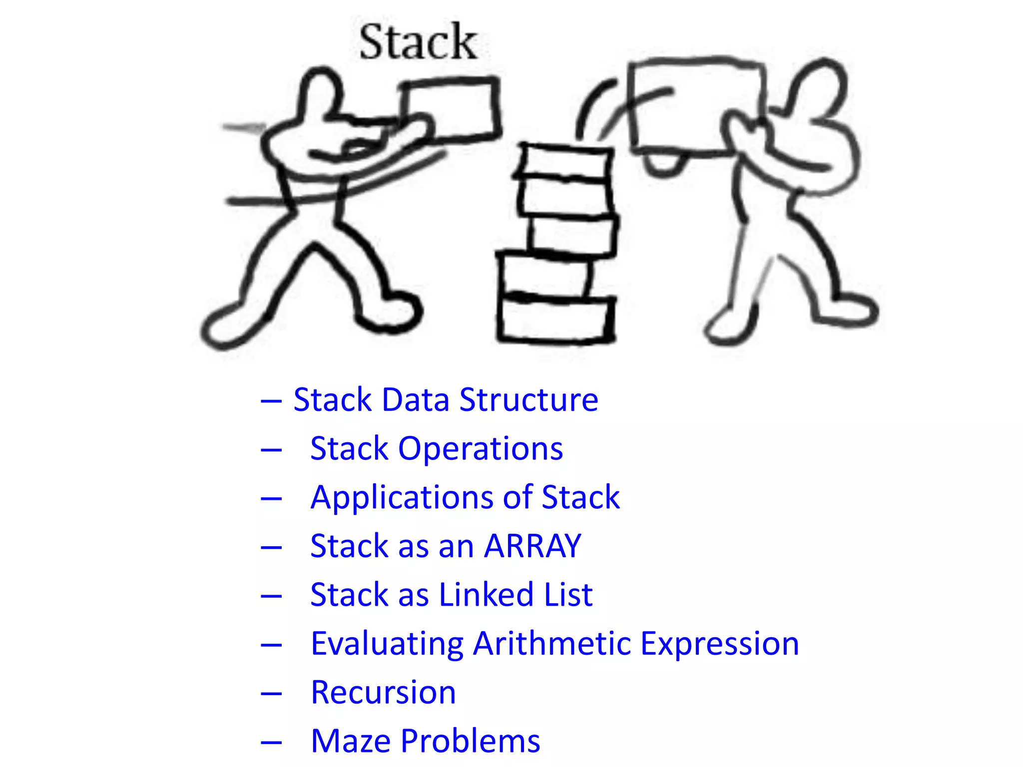 Stack
– Stack Data Structure
– Stack Operations
– Applications of Stack
– Stack as an ARRAY
– Stack as Linked List
– Evaluating Arithmetic Expression
– Recursion
– Maze Problems
 