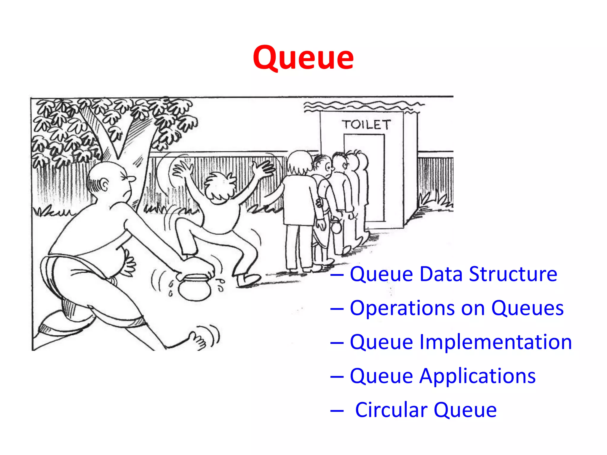 Queue
– Queue Data Structure
– Operations on Queues
– Queue Implementation
– Queue Applications
– Circular Queue
 