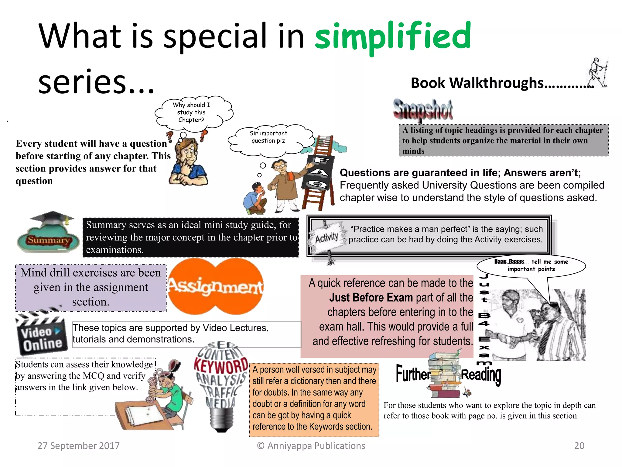 What is special in simplified
series...
27 September 2017 © Anniyappa Publications 20
A listing of topic headings is provided for each chapter
to help students organize the material in their own
minds
Summary serves as an ideal mini study guide, for
reviewing the major concept in the chapter prior to
examinations.
Questions are guaranteed in life; Answers aren’t;
Frequently asked University Questions are been compiled
chapter wise to understand the style of questions asked.
Students can assess their knowledge
by answering the MCQ and verify
answers in the link given below.
A quick reference can be made to the
Just Before Exam part of all the
chapters before entering in to the
exam hall. This would provide a full
and effective refreshing for students.
Mind drill exercises are been
given in the assignment
section.
For those students who want to explore the topic in depth can
refer to those book with page no. is given in this section.
A person well versed in subject may
still refer a dictionary then and there
for doubts. In the same way any
doubt or a definition for any word
can be got by having a quick
reference to the Keywords section.
Every student will have a question
before starting of any chapter. This
section provides answer for that
question
These topics are supported by Video Lectures,
tutorials and demonstrations.
“Practice makes a man perfect” is the saying; such
a practice can be had by doing the Activity exercises.
Baas..Baaas… tell me some
important points
Why should I
study this
Chapter?
Sir important
question plz
Book Walkthroughs………….
.
 