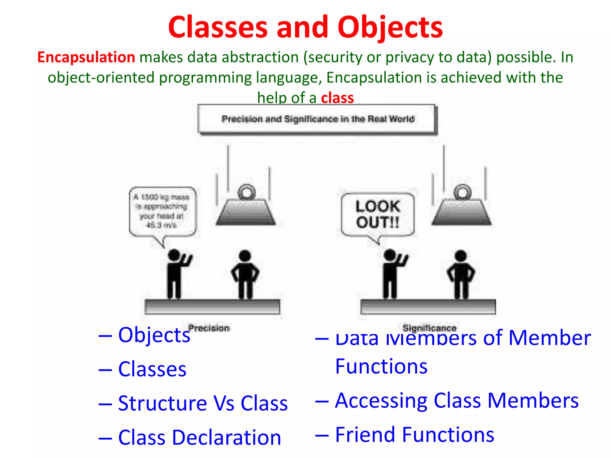 Classes and Objects
Encapsulation makes data abstraction (security or privacy to data) possible. In
object-oriented programming language, Encapsulation is achieved with the
help of a class
– Data Members of Member
Functions
– Accessing Class Members
– Friend Functions
– Objects
– Classes
– Structure Vs Class
– Class Declaration
 