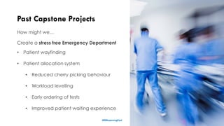 Past Capstone Projects
14
How might we…
Create a stress free Emergency Department
• Patient wayfinding
• Patient allocation system
• Reduced cherry picking behaviour
• Workload levelling
• Early ordering of tests
• Improved patient waiting experience
#ISSLearningFest
 