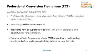 23
Professional Conversion Programme (PCP)
#ISSLearningFest
A career conversion programme for :
 Professionals, Managers, Executives and Technicians (PMETs), including
mid-career switchers,
 to undergo skills conversion and
 move into new occupations or sectors with better prospects and
opportunities for progression.
 Place-and-Train Programme where PMET is hired by a participating
employer before undergoing training to take on new job role
 