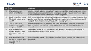 FAQs
No FAQ Response
5 What is the selection
criteria for candidates?
Selection criteria is subjected to employer’s requirements and due recruitment process. In some
programmes, candidates are also required to complete some pre-requisite learning and to pass
an entry assessment in order to be enrolled into the programme.
6 Should I resign from my job
if I intend to make a career
switch?
This is strongly discouraged. It is generally known that candidates face a tougher time to be hired
again the longer they stay unemployed. Candidates are advised to seek other options to upskills
or upgrade themselves by enrolling through other related programmes.
7 Does ISS have a list of
employers interested in
hiring under the PCP?
Employers approach NUS-ISS when they have talent requirements. Applicants are shortlisted
based on profile fit with employer’s hiring requirements. Only shortlisted applicants will be
contacted.
8 What is the estimated
salary of candidates hired
by employers under the
PCP?
The salary will depend on the candidate’s skill and experience and based on the employer’s
remuneration policy amongst other factors.
9 What will happen to my
pay with my employer after
the end of the PCP
funding?
As the candidate is hired as a full time staff, the pay will remain the same after the end of the
PCP funding.
 