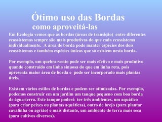 Ótimo uso das Bordas Em Ecologia vemos que as bordas (áreas de transição)  entre diferentes ecossistemas sempre são mais produtivas do que cada ecossistema individualmente.  A área de borda pode manter espécies dos dois ecossistemas e também espécies únicas que só existem nesta borda.  Por exemplo, um quebra-vento pode ser mais efetivo e mais produtivo quando construído em linha sinuosa do que em linha reta, pois apresenta maior área de borda e  pode ser incorporado mais plantas úteis. Existem vários estilos de bordas e podem ser otimizadas. Por exemplo, podemos construir em um jardim um tanque pequeno com boa borda de água-terra. Este tanque poderá  ter três ambientes, um aquático (para criar peixes ou plantas aquáticas), outro de brejo (para plantar cavalinha ou agrião) e mais distante, um ambiente de terra mais seca (para cultivos diversos).   como aproveitá-las 