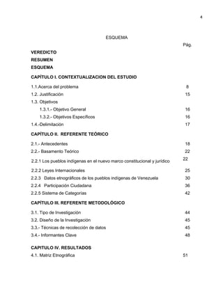 4

ESQUEMA
Pág.
VEREDICTO
RESUMEN
ESQUEMA
CAPÍTULO I. CONTEXTUALIZACION DEL ESTUDIO
1.1.Acerca del problema

8

1.2. Justificación

15

1.3. Objetivos
1.3.1.- Objetivo General

16

1.3.2.- Objetivos Específicos

16

1.4.-Delimitación

17

CAPÍTULO II. REFERENTE TEÓRICO
2.1.- Antecedentes

18

2.2.- Basamento Teórico

22

2.2.1 Los pueblos indígenas en el nuevo marco constitucional y jurídico

22

2.2.2 Leyes Internacionales

25

2.2.3 Datos etnográficos de los pueblos indígenas de Venezuela

30

2.2.4 Participación Ciudadana

36

2.2.5 Sistema de Categorías

42

CAPÍTULO III. REFERENTE METODOLÓGICO
3.1. Tipo de Investigación

44

3.2. Diseño de la Investigación

45

3.3.- Técnicas de recolección de datos

45

3.4.- Informantes Clave

48

CAPITULO IV. RESULTADOS
4.1. Matriz Etnográfica

51

 