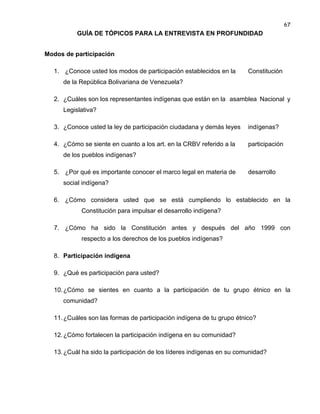 67

GUÍA DE TÓPICOS PARA LA ENTREVISTA EN PROFUNDIDAD
Modos de participación
1. ¿Conoce usted los modos de participación establecidos en la

Constitución

de la República Bolivariana de Venezuela?
2. ¿Cuáles son los representantes indígenas que están en la asamblea Nacional y
Legislativa?
3. ¿Conoce usted la ley de participación ciudadana y demás leyes

indígenas?

4. ¿Cómo se siente en cuanto a los art. en la CRBV referido a la

participación

de los pueblos indígenas?
5. ¿Por qué es importante conocer el marco legal en materia de

desarrollo

social indígena?
6. ¿Cómo considera usted que se está cumpliendo lo establecido en la
Constitución para impulsar el desarrollo indígena?
7. ¿Cómo ha sido la Constitución antes y después del año 1999 con
respecto a los derechos de los pueblos indígenas?
8. Participación indígena
9. ¿Qué es participación para usted?
10. ¿Cómo se sientes en cuanto a la participación de tu grupo étnico en la
comunidad?
11. ¿Cuáles son las formas de participación indígena de tu grupo étnico?
12. ¿Cómo fortalecen la participación indígena en su comunidad?
13. ¿Cuál ha sido la participación de los líderes indígenas en su comunidad?

 