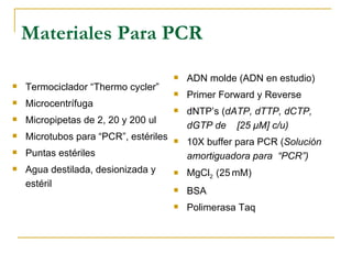 Materiales Para PCR Termociclador “Thermo cycler” Microcentrífuga Micropipetas de 2, 20 y 200 ul Microtubos para “PCR”, estériles Puntas estériles Agua destilada, desionizada y estéril ADN molde (ADN en estudio) Primer Forward y Reverse dNTP’s ( dATP, dTTP, dCTP, dGTP de  [25  μ M] c/u) 10X buffer para PCR ( Solución amortiguadora para  “PCR”) MgCl 2  (25   mM) BSA Polimerasa Taq 