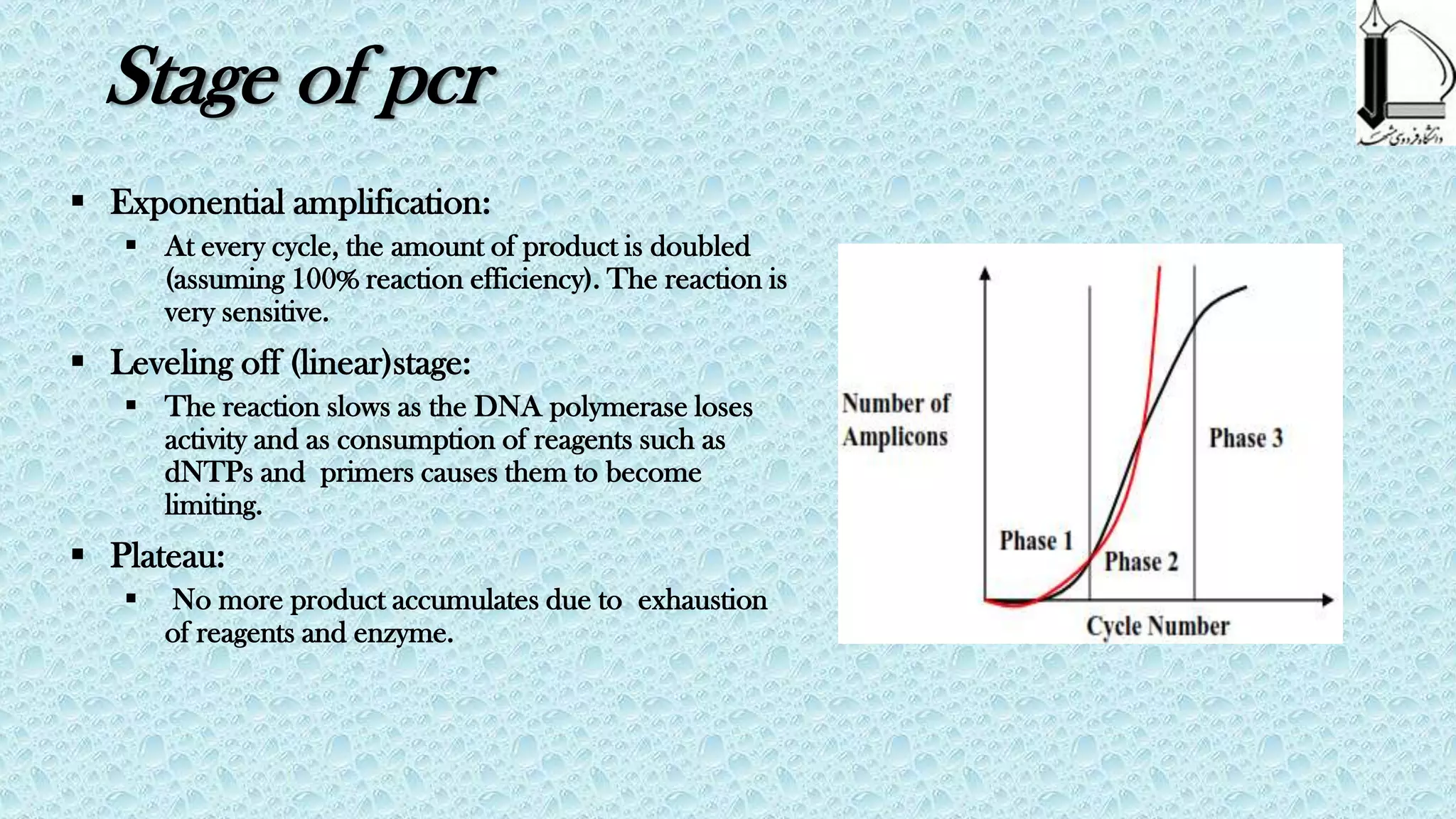 Stage of pcr
 Exponential amplification:
 At every cycle, the amount of product is doubled
(assuming 100% reaction efficiency). The reaction is
very sensitive.

 Leveling off (linear)stage:
 The reaction slows as the DNA polymerase loses
activity and as consumption of reagents such as
dNTPs and primers causes them to become
limiting.

 Plateau:


No more product accumulates due to exhaustion
of reagents and enzyme.

 